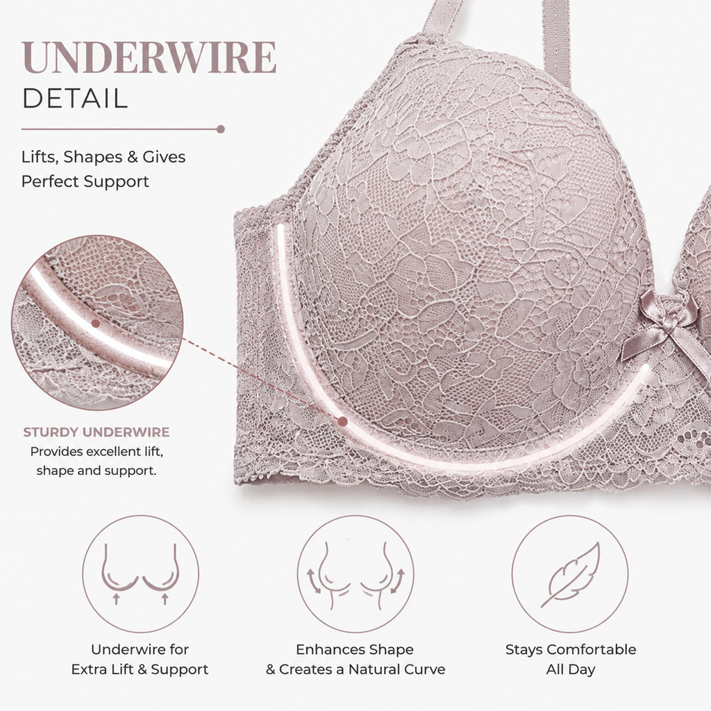 Women's Skin Self-Design Lace Underwired Heavily Padded Lingerie Set