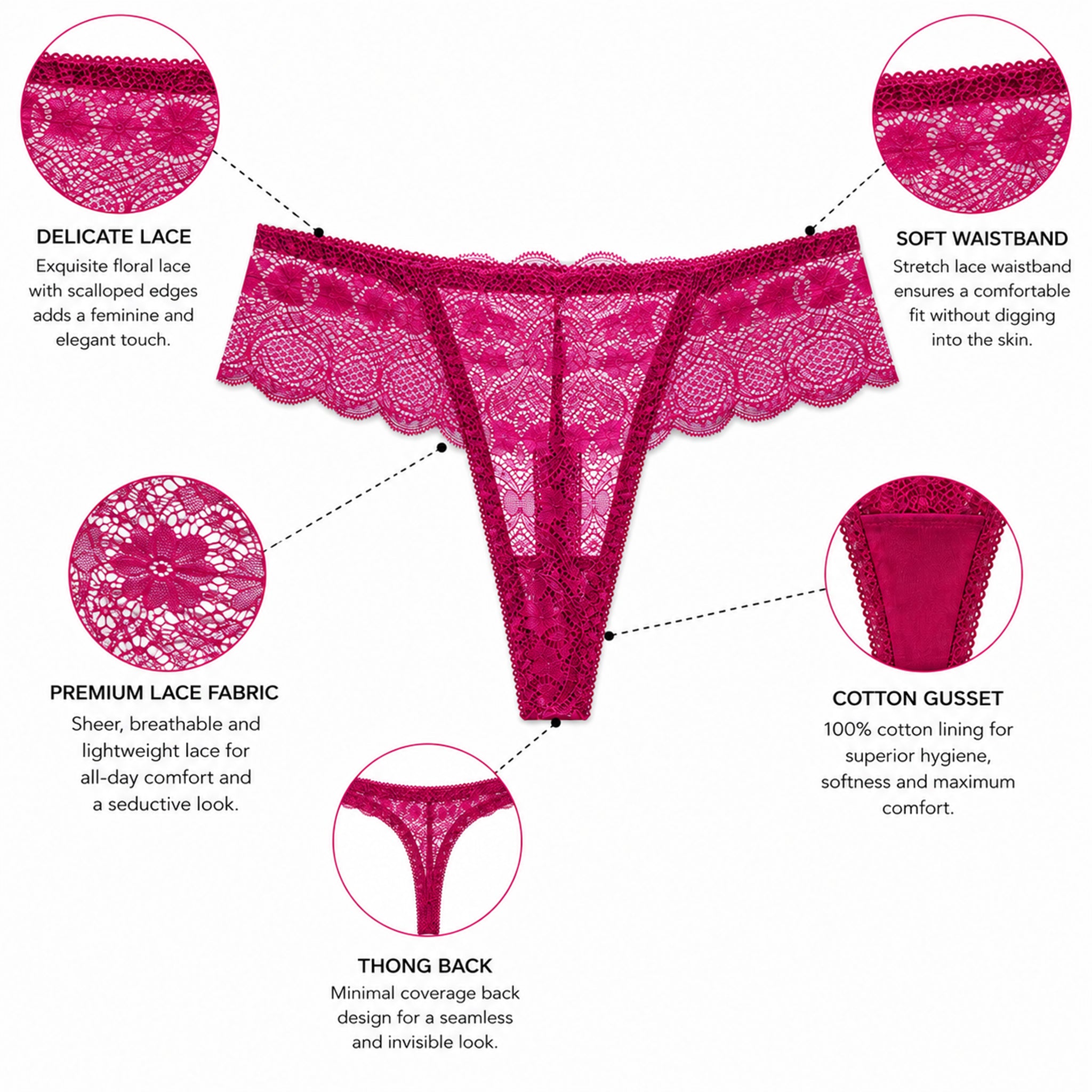 Women's Floral Lace Thong Panty – Soft Stretch, Breathable & Comfortable Everyday Wear - Maroon