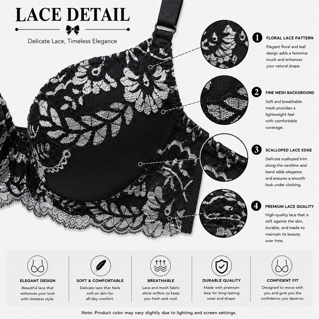 Women's Black & Silver Floral Lace Padded Underwired Bra with Comfortable Full Coverage