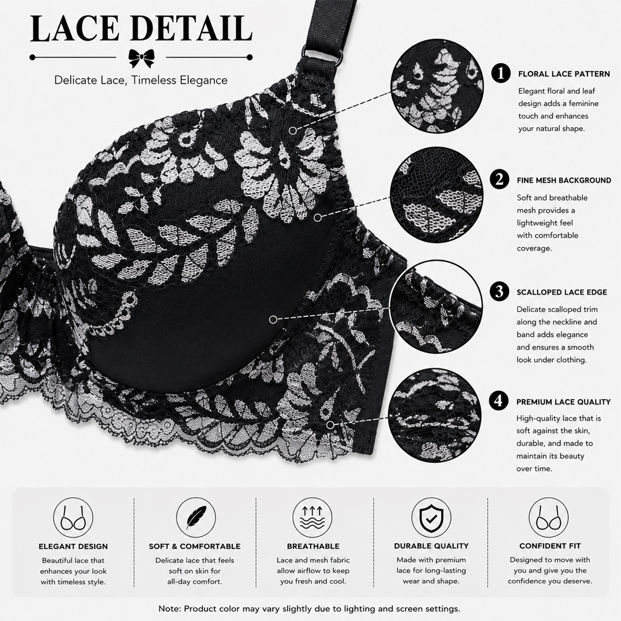 Women's Black & Silver Floral Lace Padded Underwired Bra with Comfortable Full Coverage