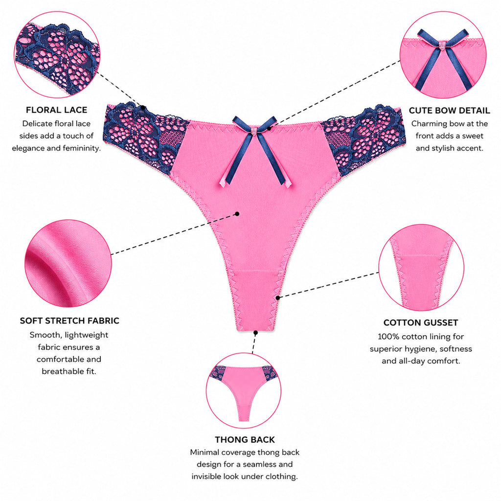 Women's Floral Lace Thong Panty – Soft Stretch, Breathable & Comfortable Everyday Wear - Pink Light Blue