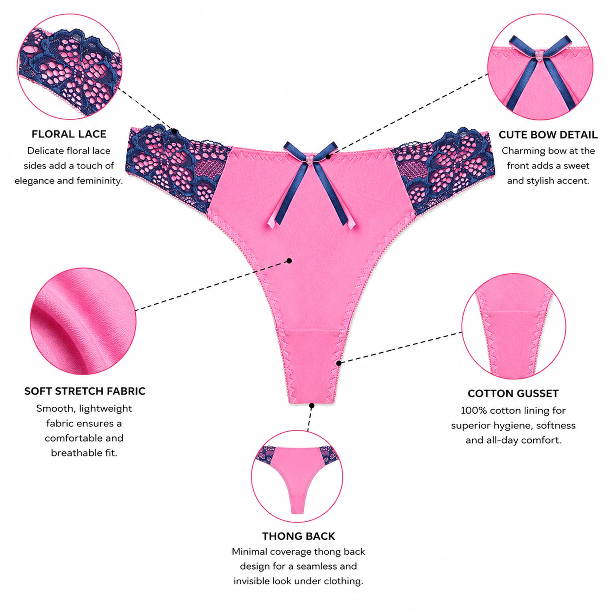 Women's Floral Lace Thong Panty – Soft Stretch, Breathable & Comfortable Everyday Wear - Pink Light Blue