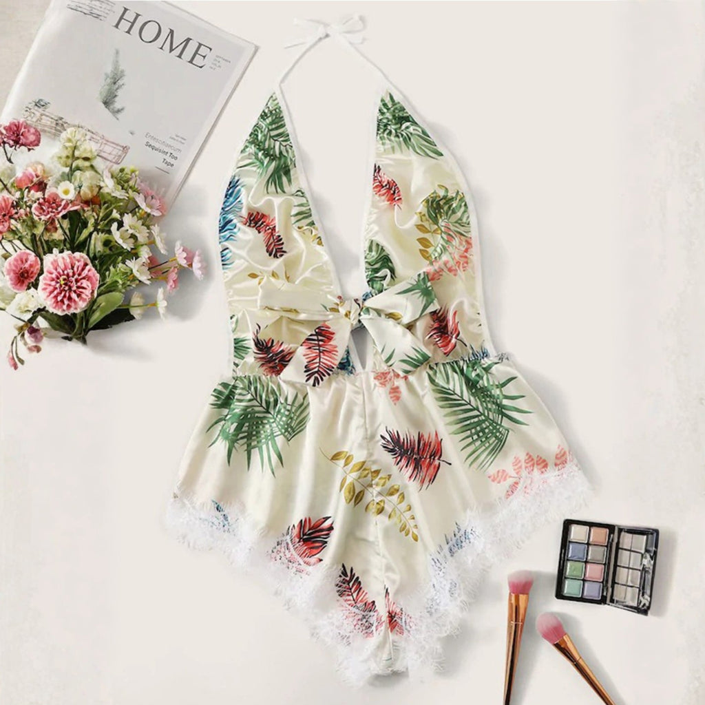 Women White & Green Printed Baby Doll | Halter Neck Asymmetric Nightwear