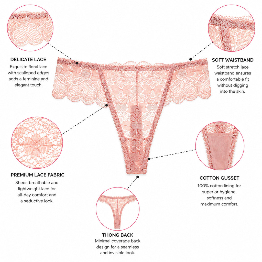 Women's Floral Lace Thong Panty – Soft Stretch, Breathable & Comfortable Everyday Wear - Peach