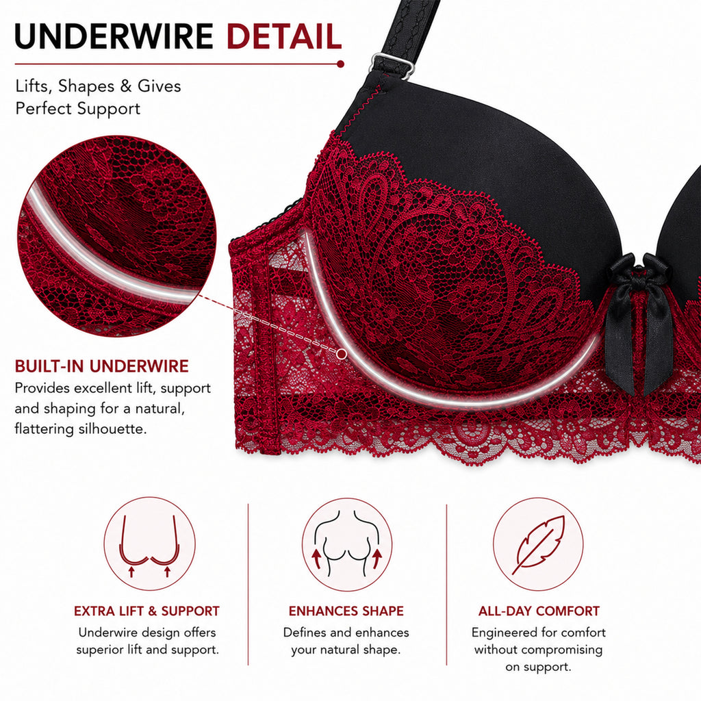 Women's Black & Red Floral Lace Padded Underwired Bra with Comfortable Full Coverage