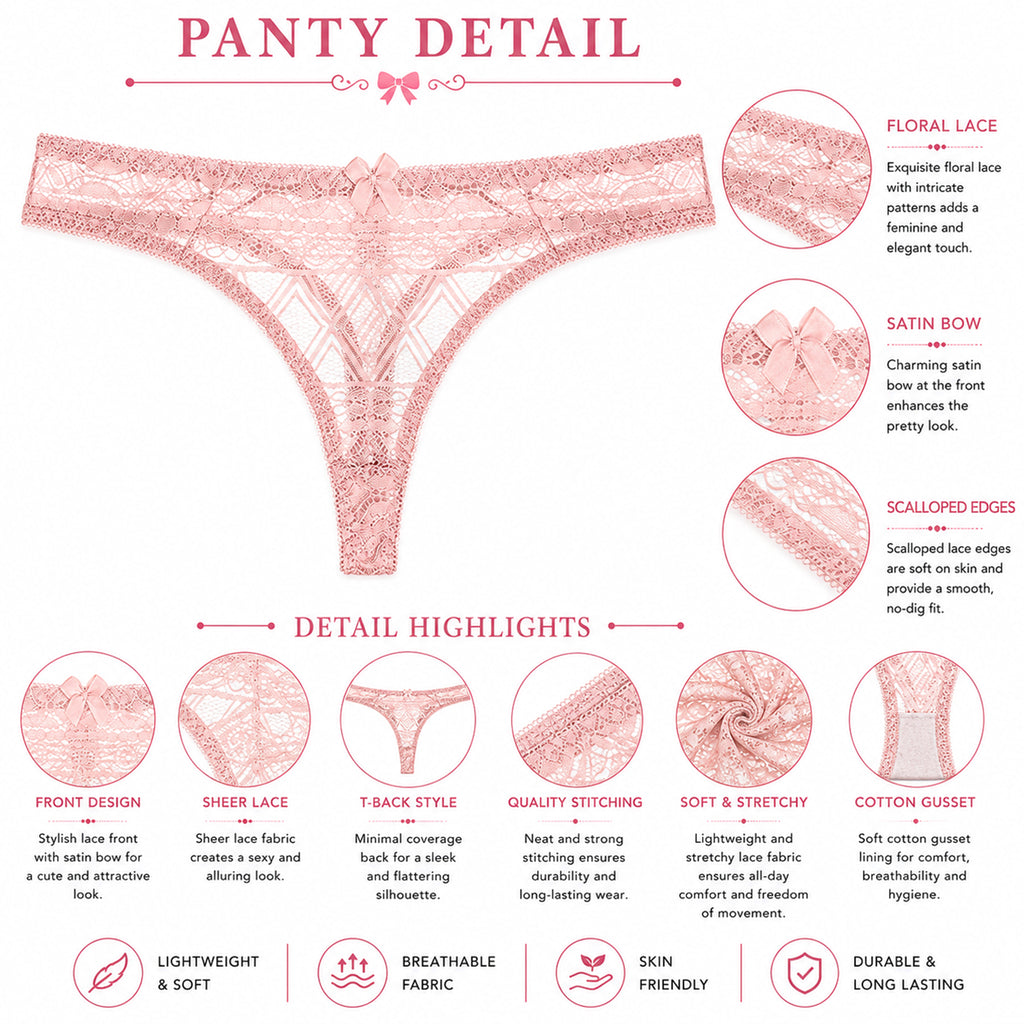 Women's Floral Lace Thong Panty – Soft Stretch, Breathable & Comfortable Everyday Wear - Pink