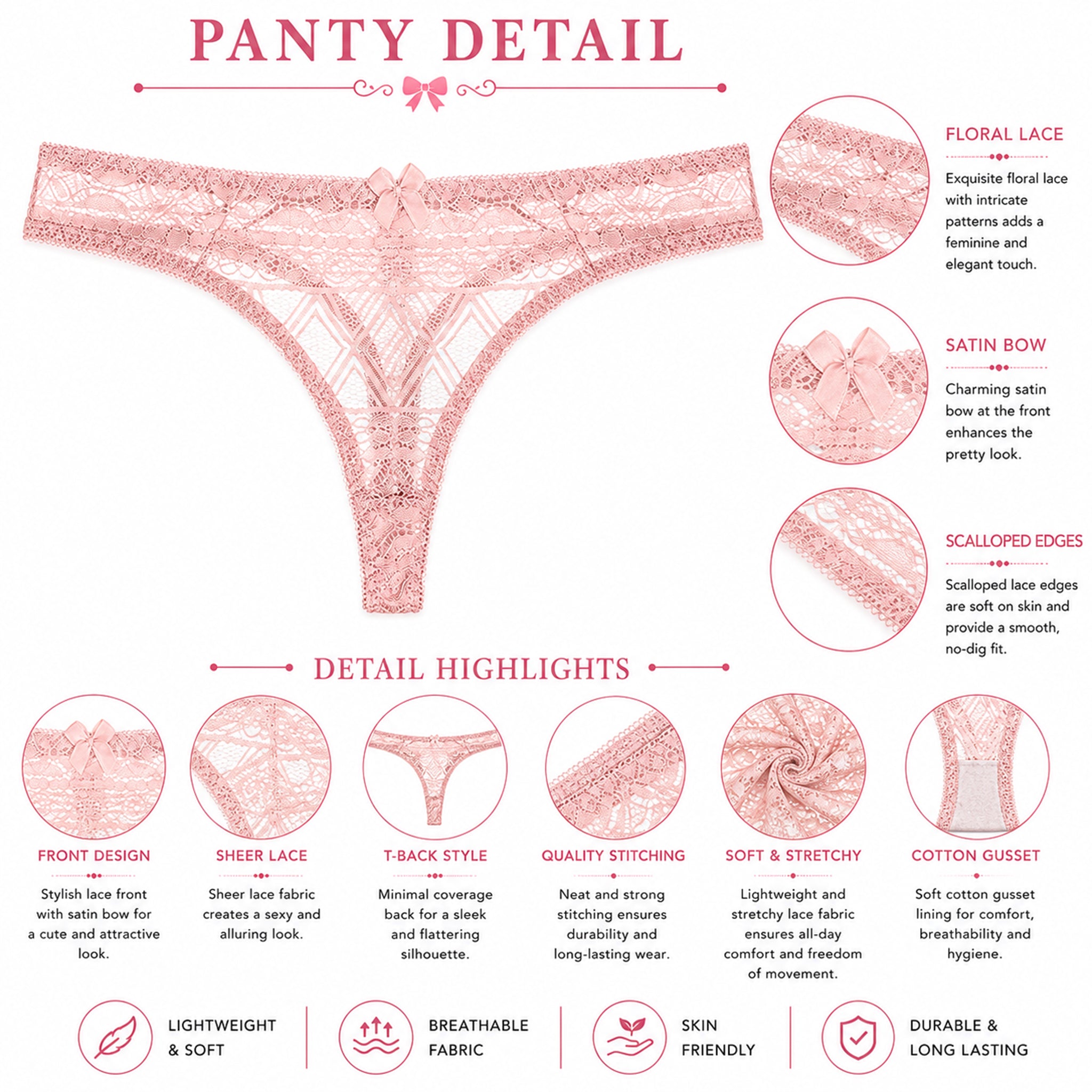 Women's Floral Lace Thong Panty – Soft Stretch, Breathable & Comfortable Everyday Wear - Pink