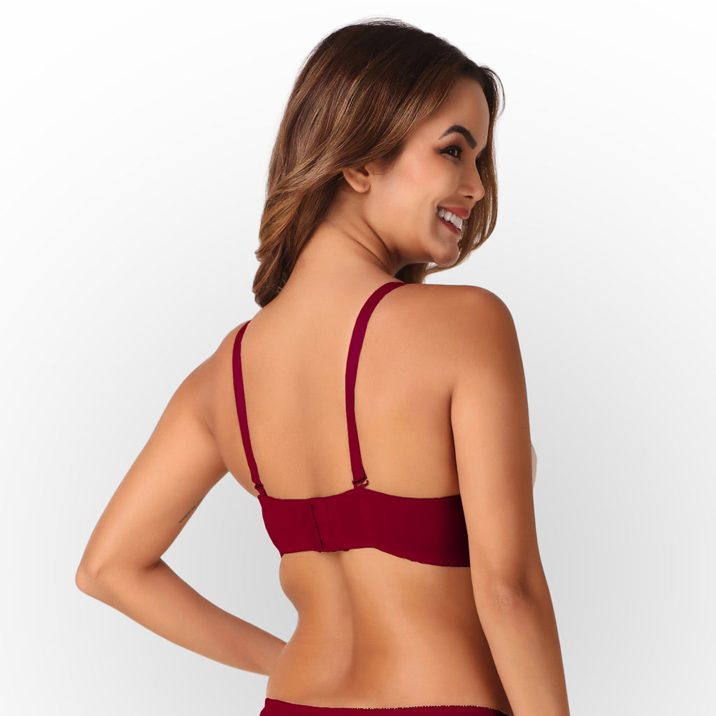 Women's Rose Red Floral Lace Padded Underwired Bra with Comfortable Full Coverage