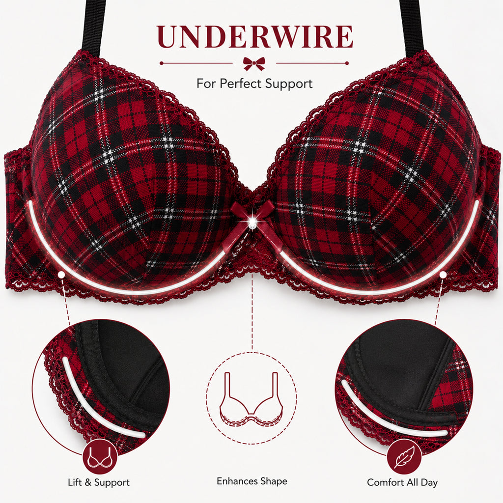 Women's Premium Red Self-Design Floral Lace Underwired Heavily Padded Medium Coverage Bra with Adjustable Straps