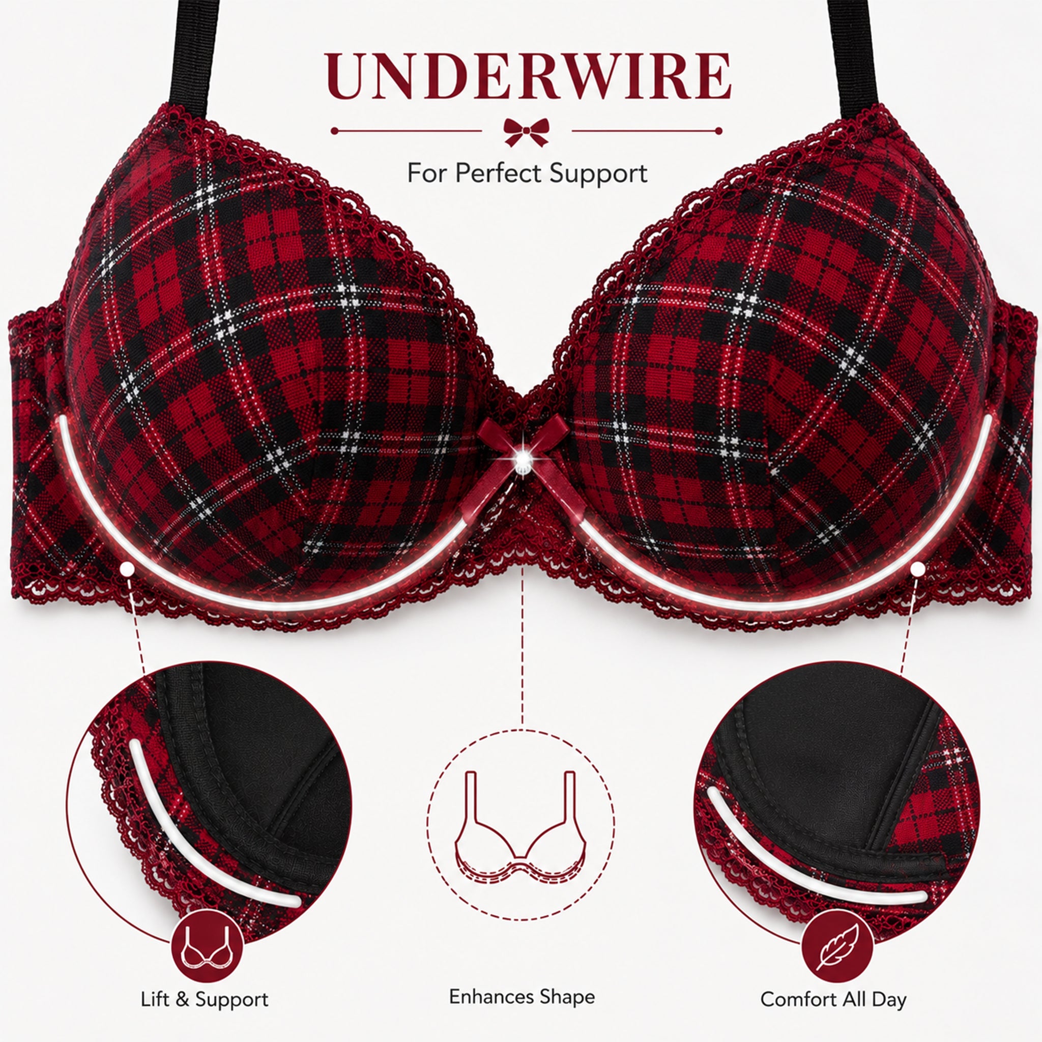 Women's Premium Red Self-Design Floral Lace Underwired Heavily Padded Medium Coverage Bra with Adjustable Straps