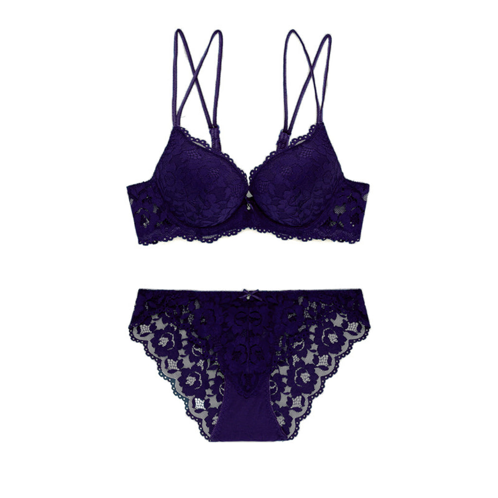 Women's Blue Floral Lace Padded Underwired Bra & Panty Lingerie Set