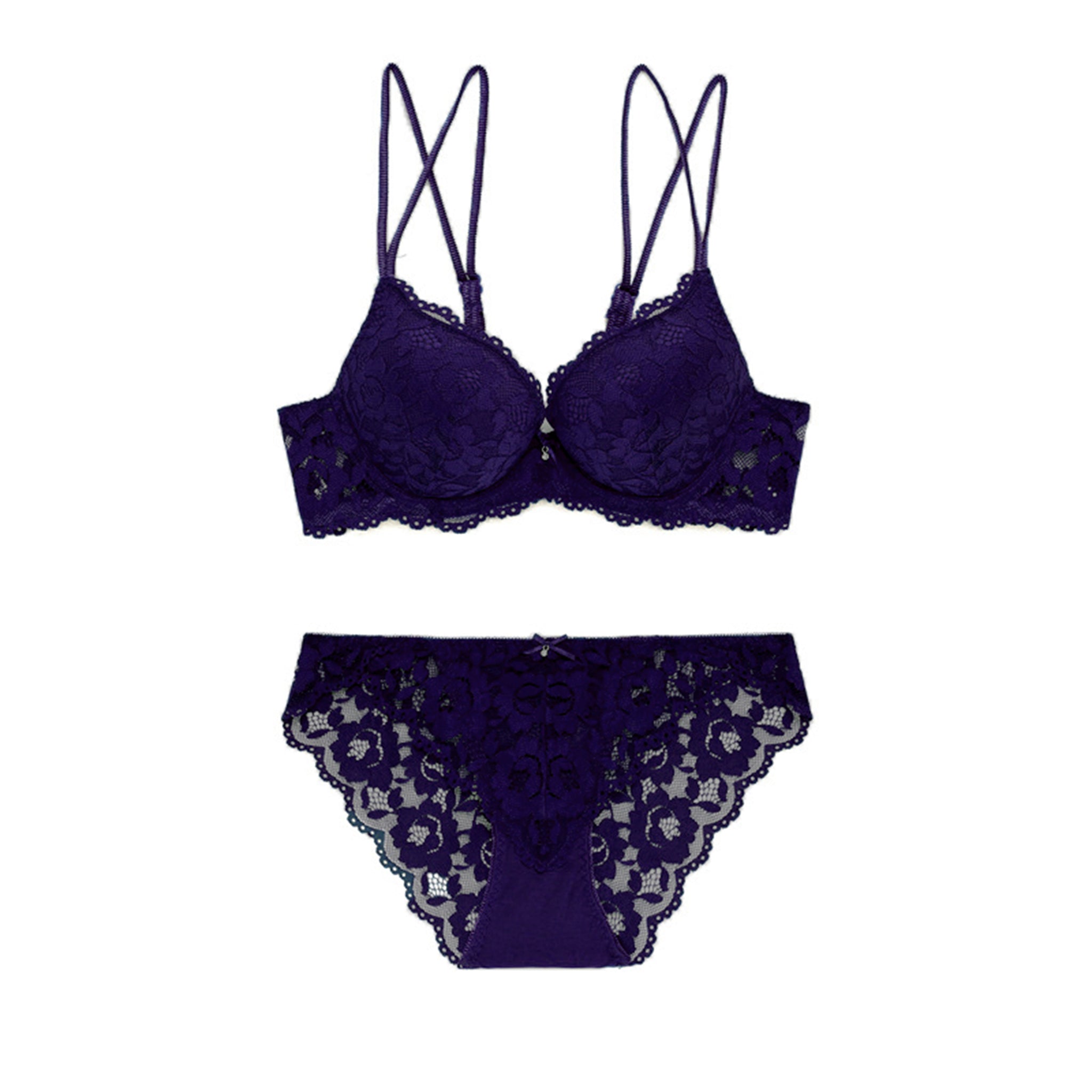 Women's Blue Floral Lace Padded Underwired Bra & Panty Lingerie Set