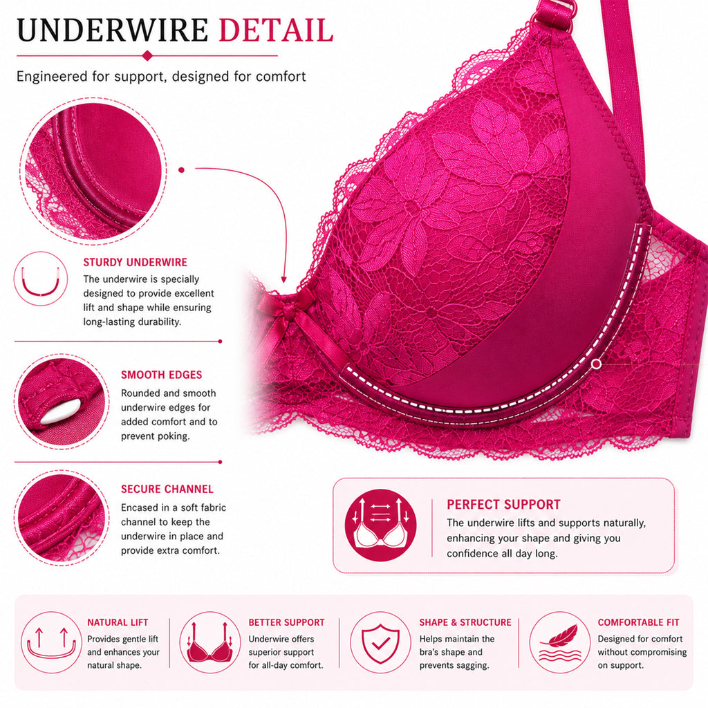 Women's Floral Lace Padded Underwired Bra with Comfortable Full Coverage - Red