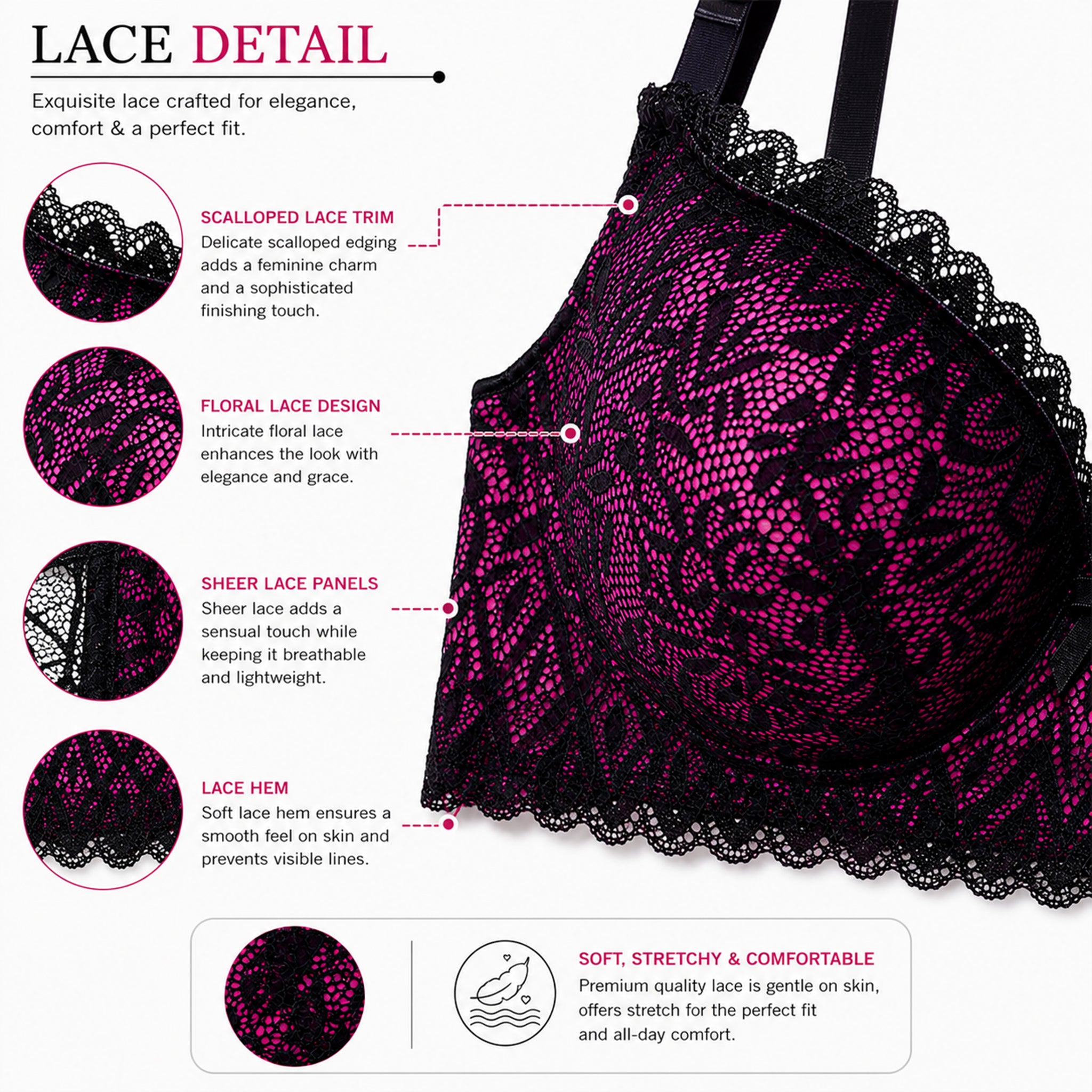Women's Pink & Black Lace Padded Underwired Bra with Comfortable Full Coverage