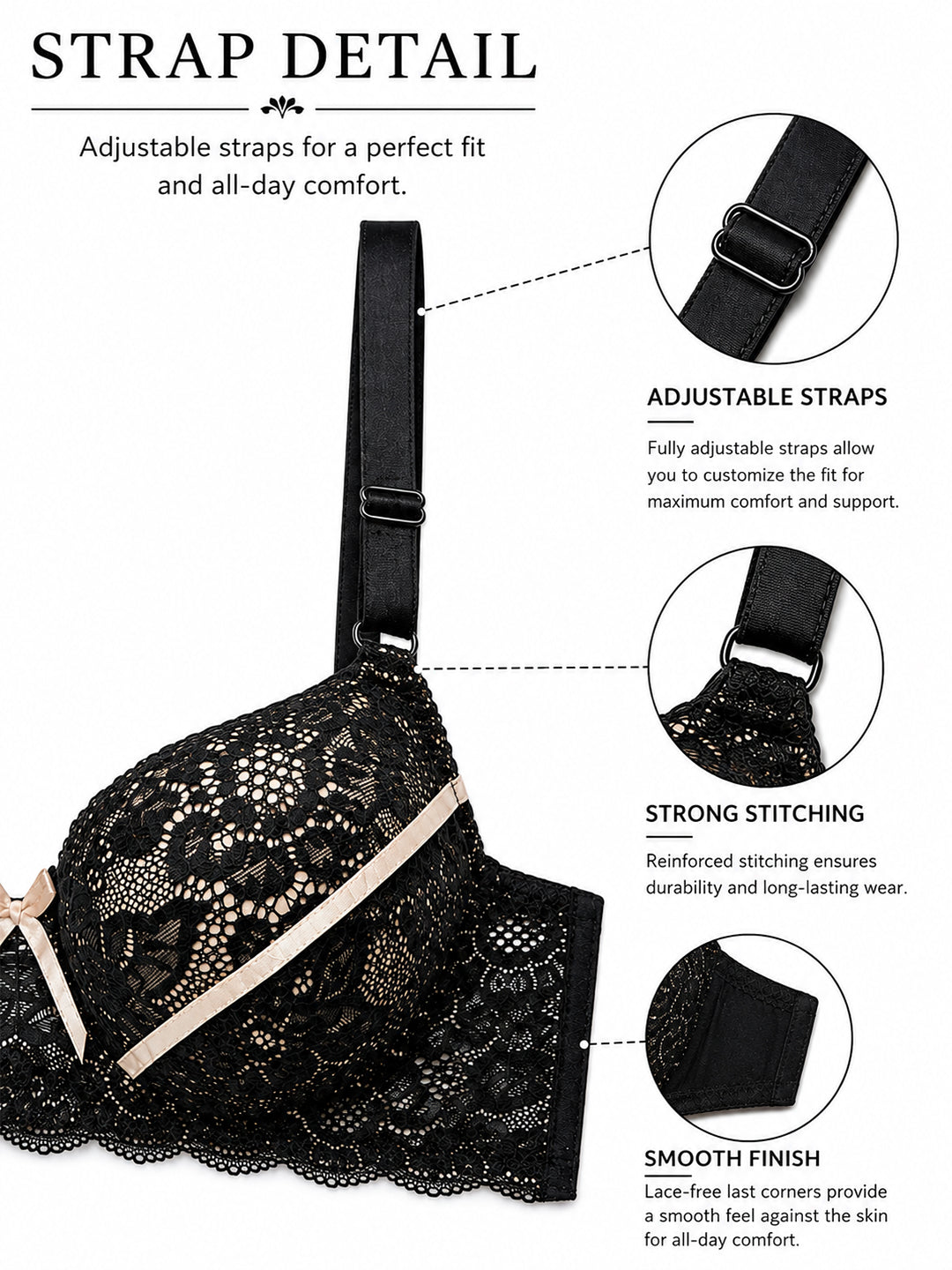Secret Lives Women's Floral Lace Underwired Heavily Padded Bra – Medium Coverage, Enhanced Lift & Support