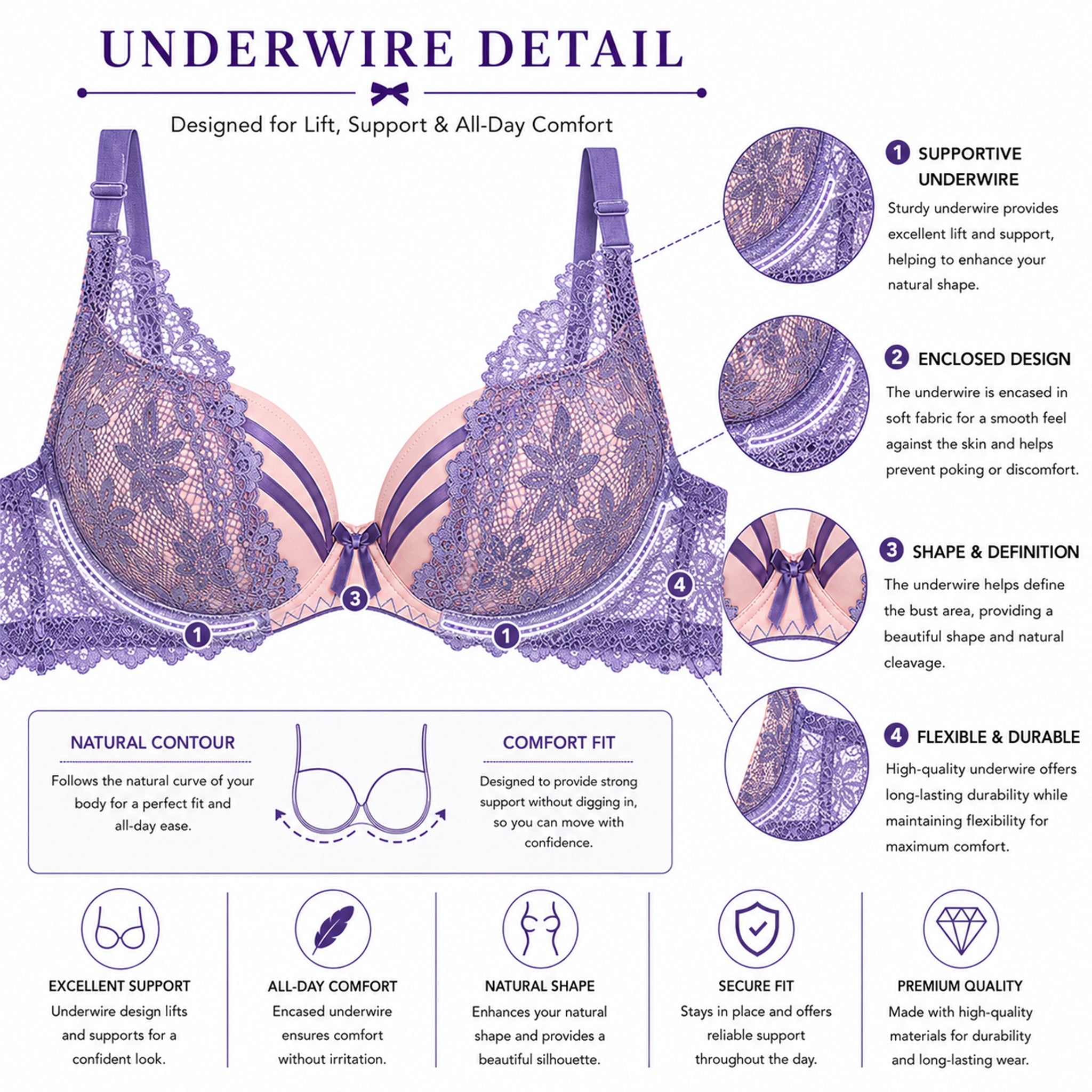 Women's Dusty Purple & Blush Pink Floral Lace Padded Bra & Bikini Panty Lingerie Set