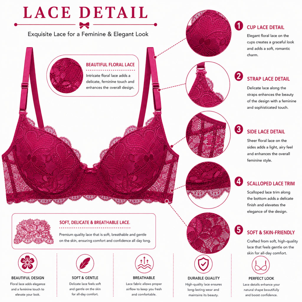 Women's Deep Rose Floral Lace Padded Underwired Bra with Comfortable Full Coverage