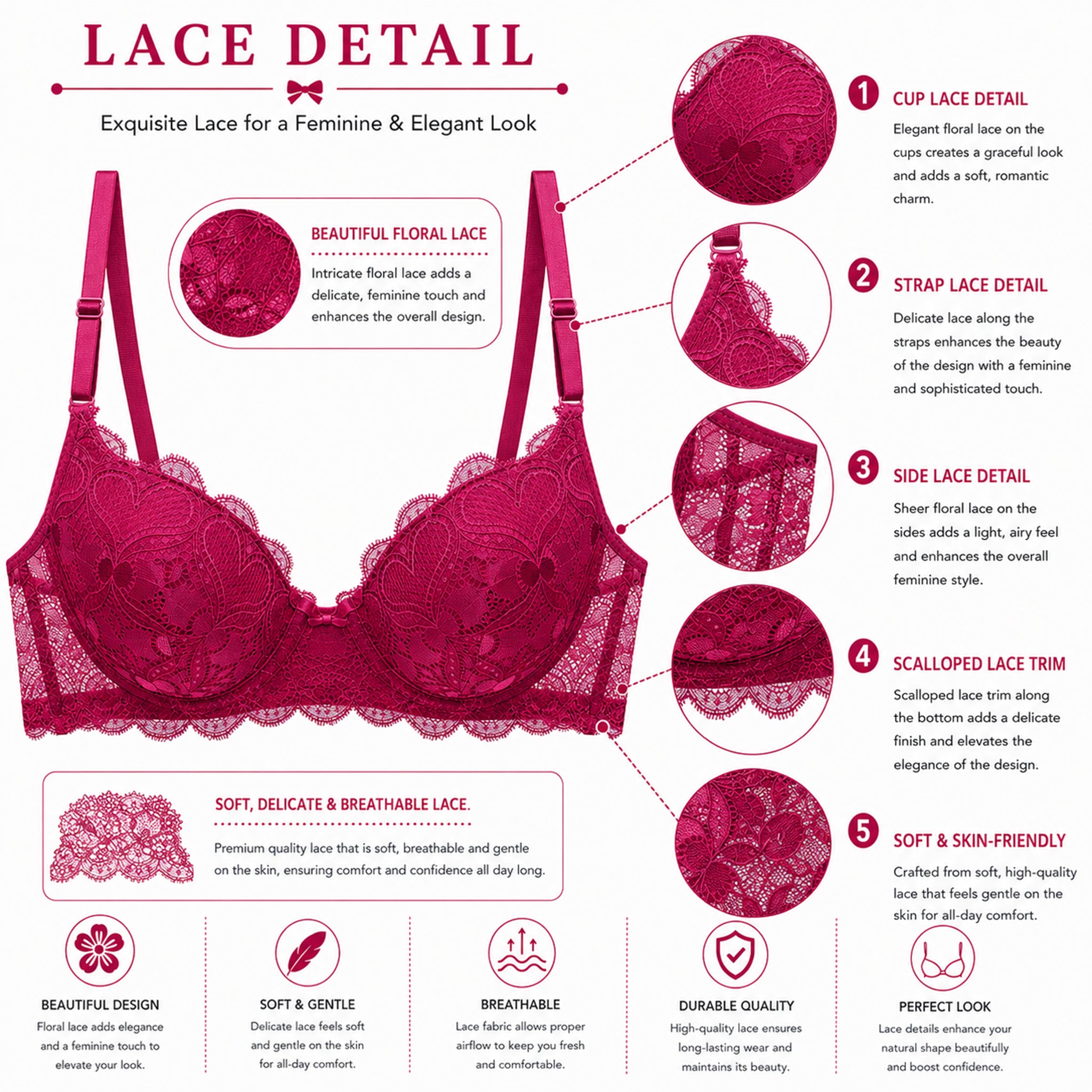 Women's Deep Rose Floral Lace Padded Underwired Bra with Comfortable Full Coverage