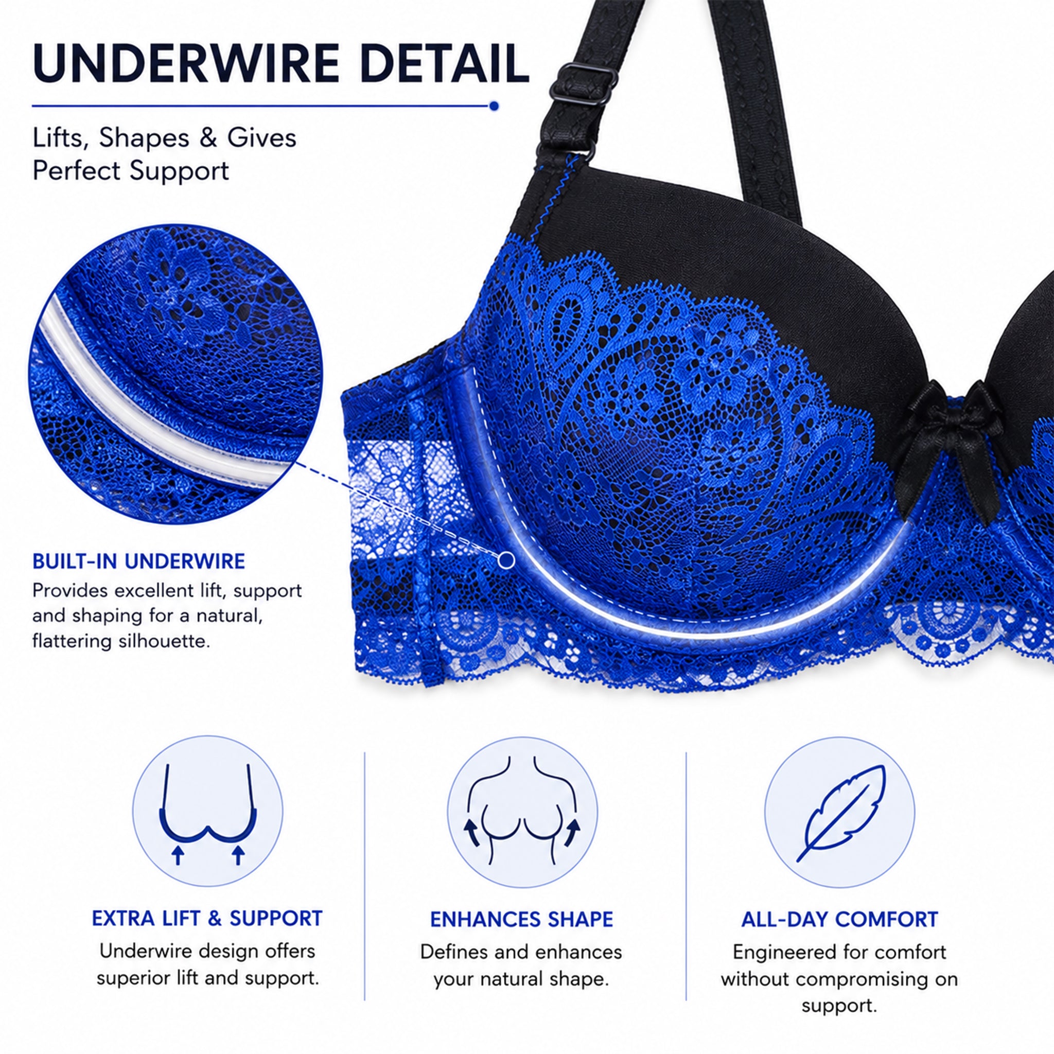 Women’s Lace Underwired Padded Bra & High-Cut Panty Lingerie Set – Blue & Black