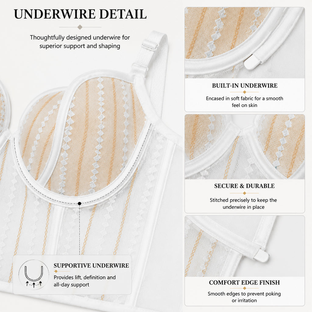 Women's Fashion White Sheer Mesh Underwired Bustier Bralette with Elegant Lace Design