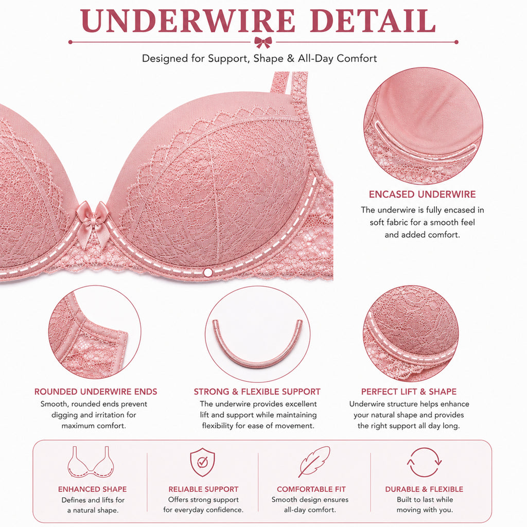 Women’s Full Coverage Heavily Padded Underwired Bra & Thong Lingerie Set – Baby Pink