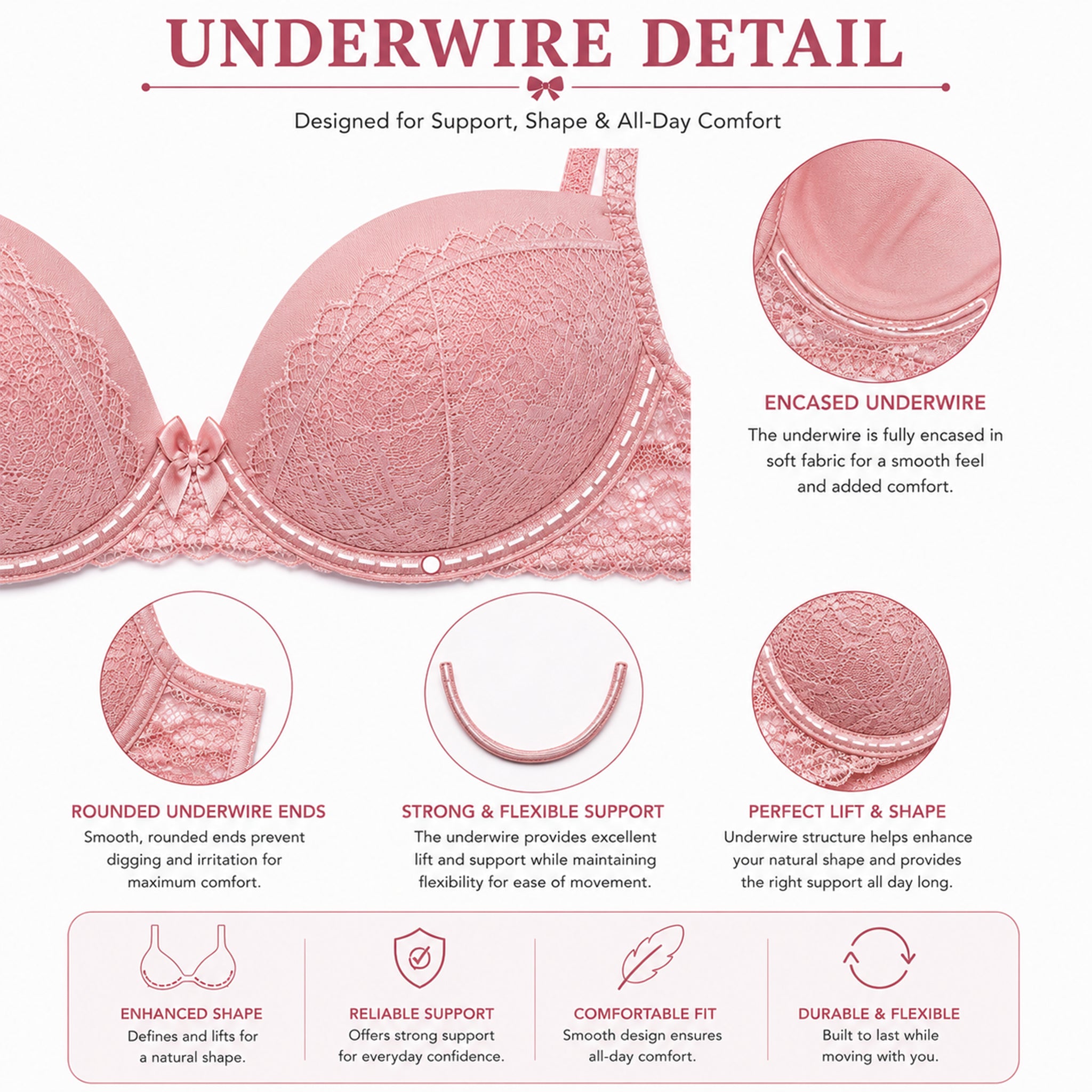 Women’s Full Coverage Heavily Padded Underwired Bra & Thong Lingerie Set – Baby Pink