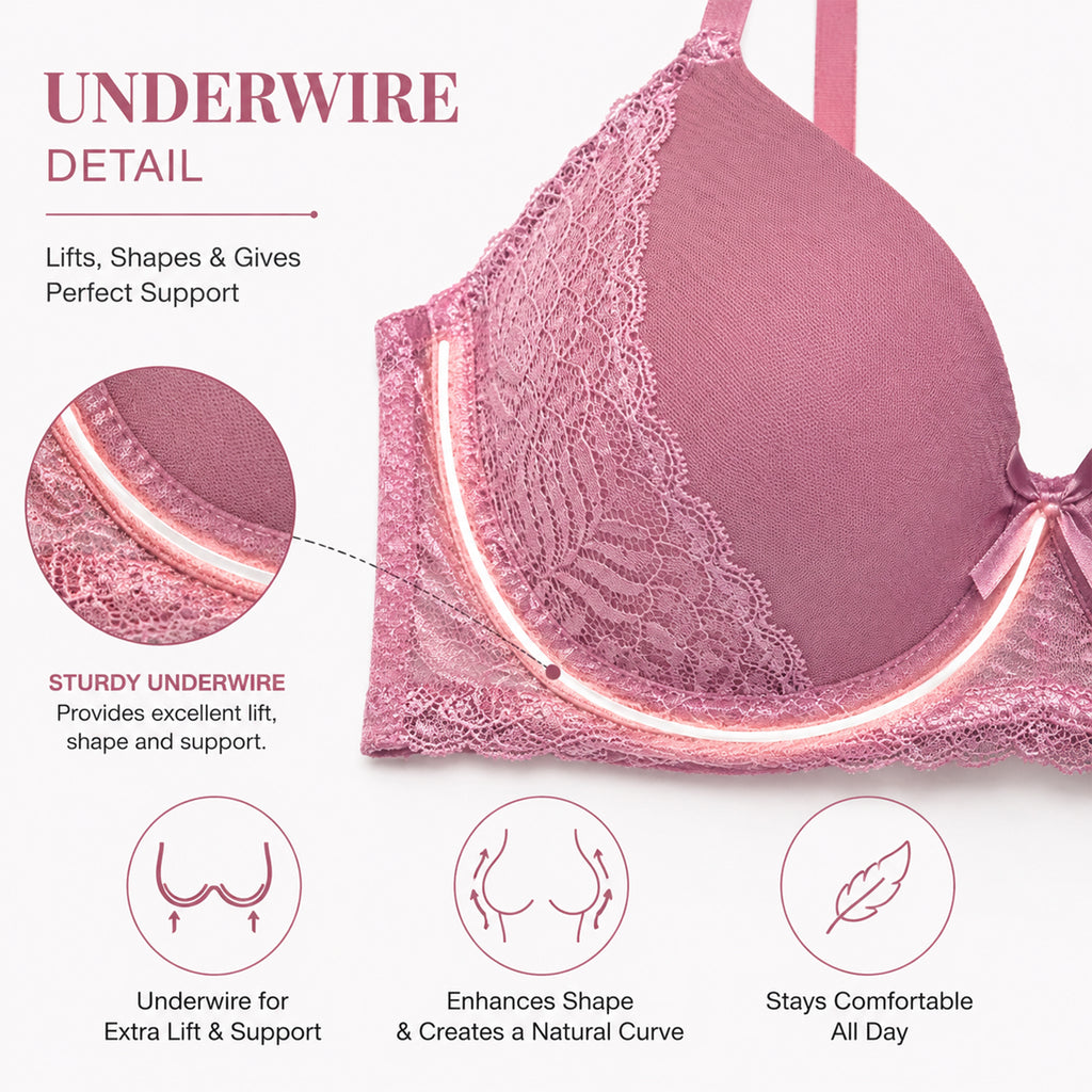 Women's Premium Pink Self-Design Floral Lace Underwired Heavily Padded Medium Coverage Bra with Adjustable Straps