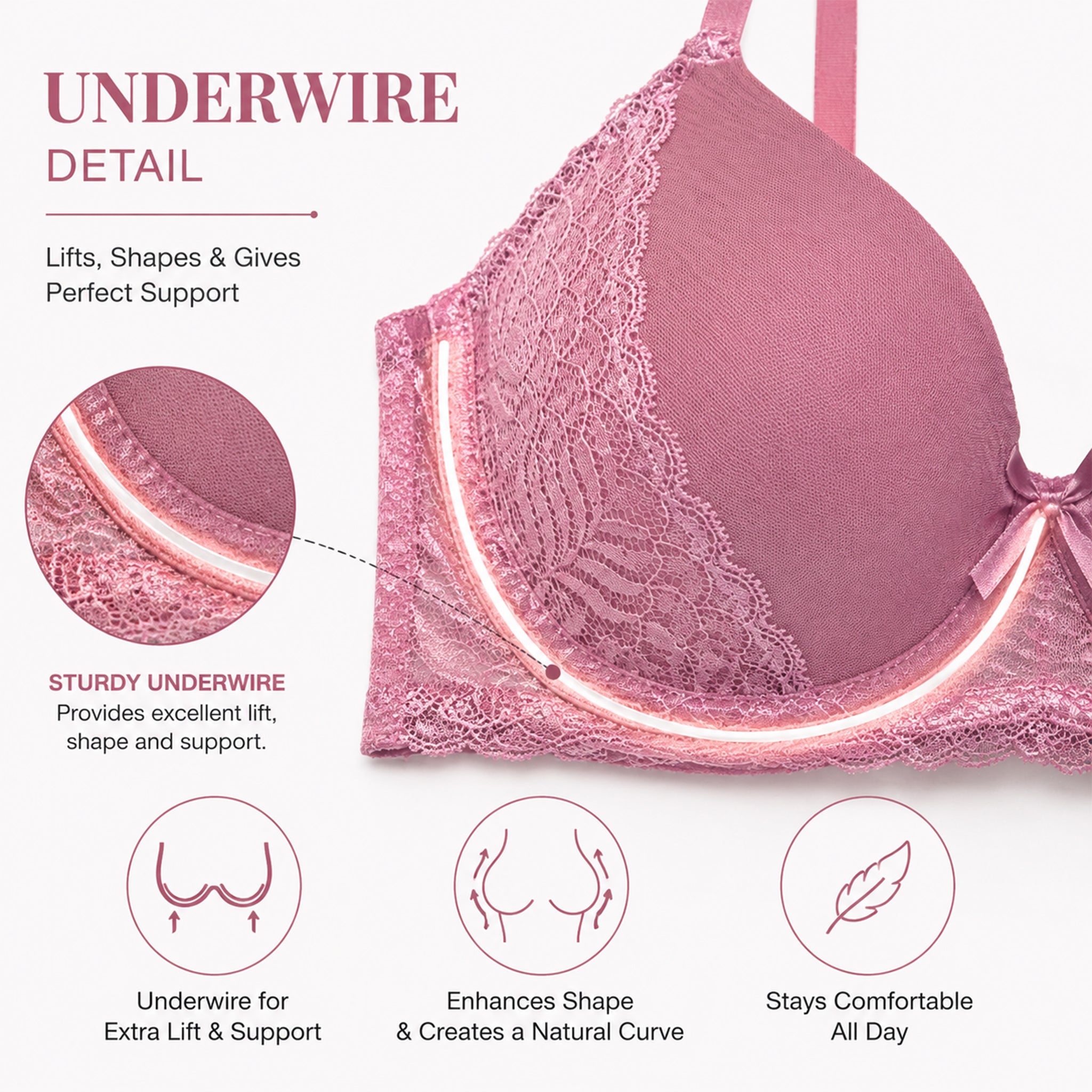 Women's Premium Pink Self-Design Floral Lace Underwired Heavily Padded Medium Coverage Bra with Adjustable Straps