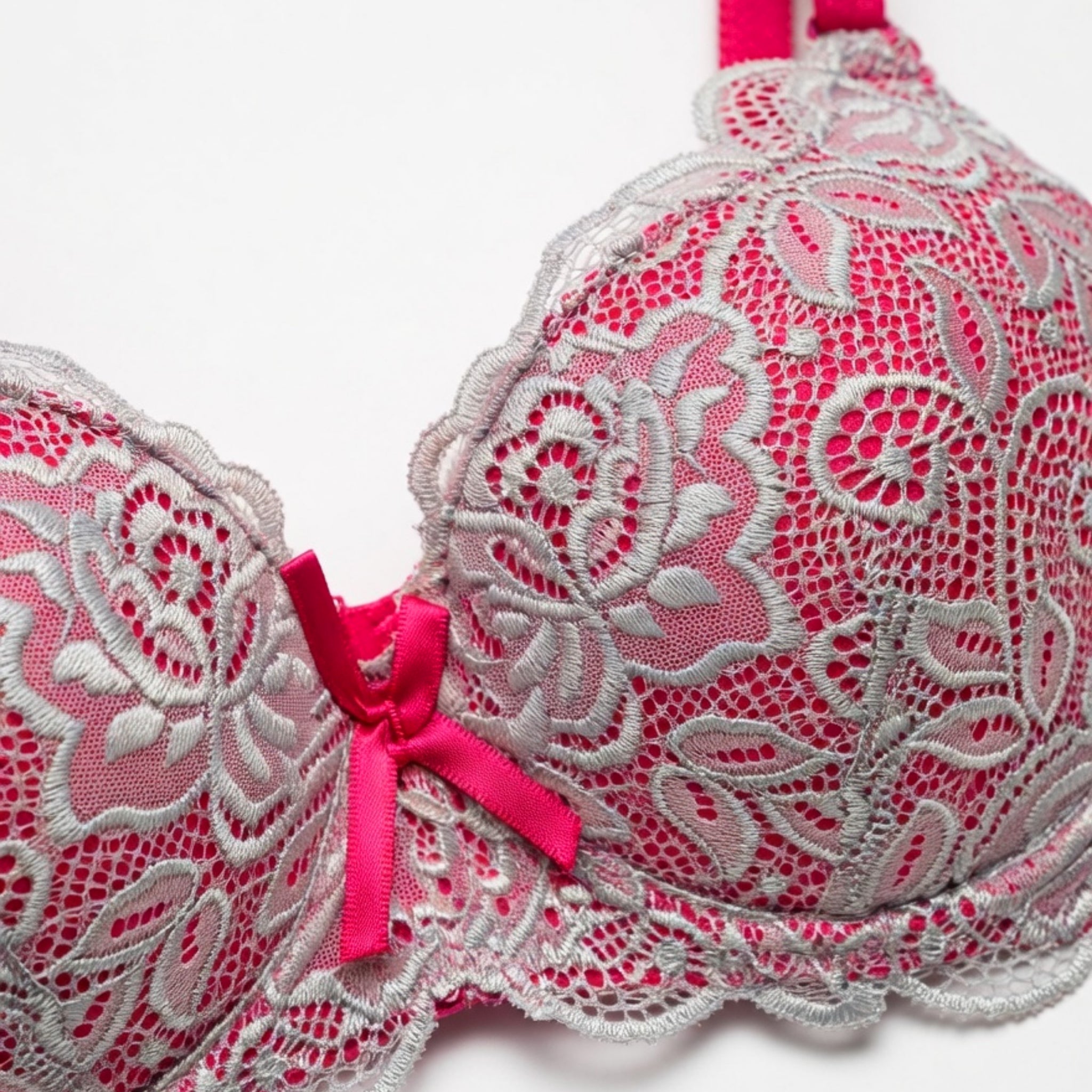 Women's Floral Lace Heavy Padded Underwired Bra & Thong Lingerie Set - White & Red