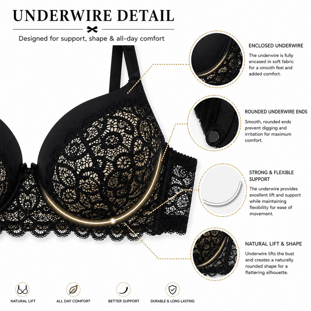 Women's Black & Silver Floral Lace Padded Underwired Bra with Comfortable Full Coverage (Copy)