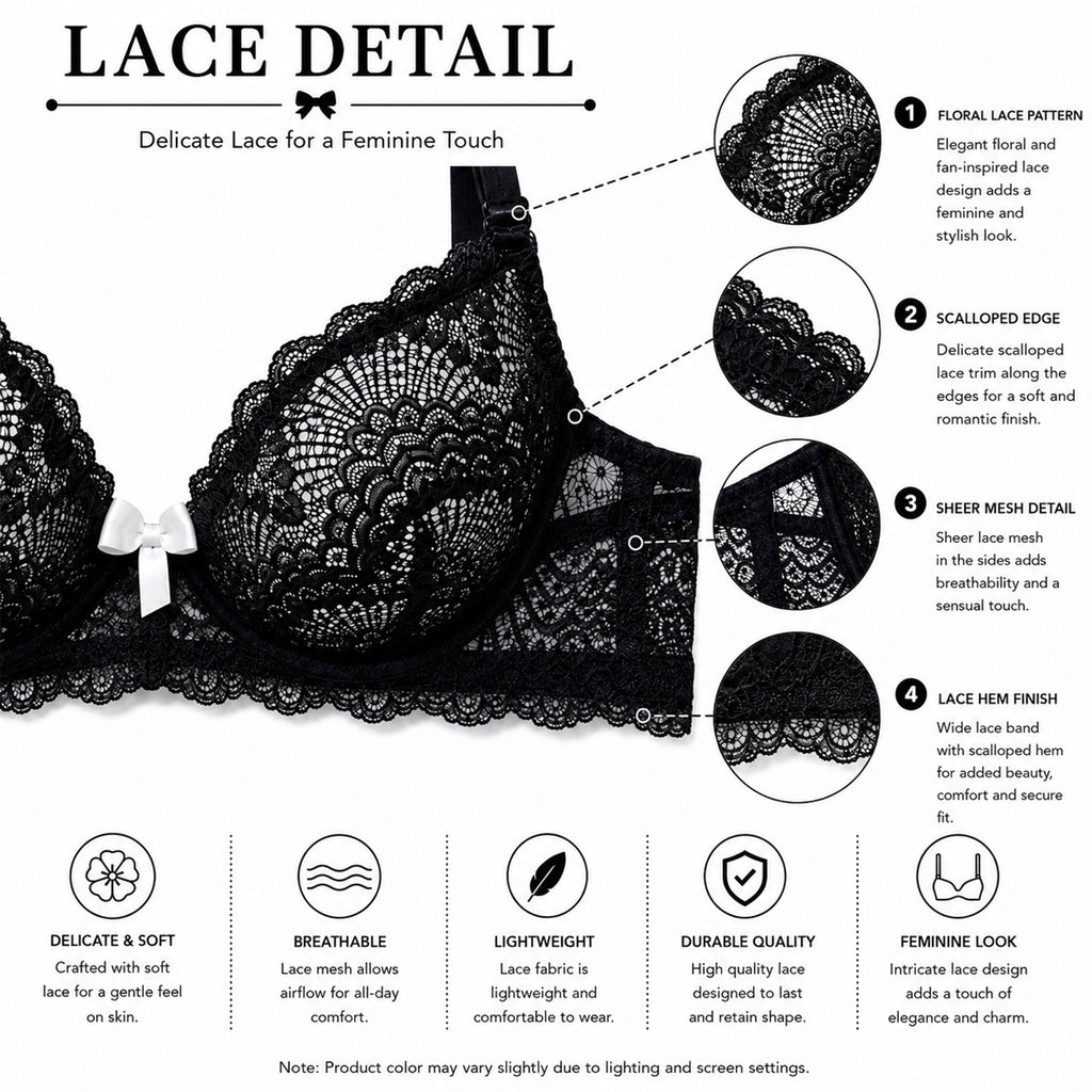 Women's Black & White Floral Lace Padded Underwired Bra with Comfortable Full Coverage