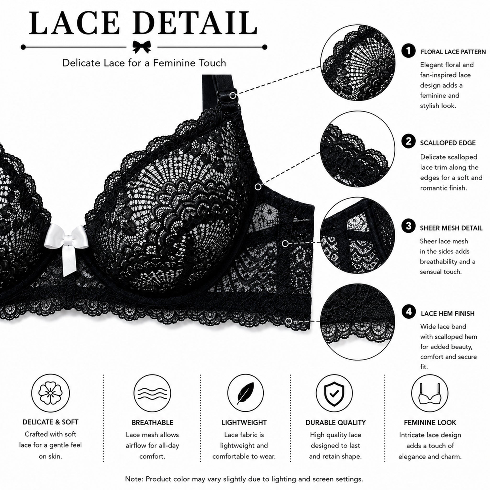 Women's Black & White Floral Lace Padded Underwired Bra with Comfortable Full Coverage