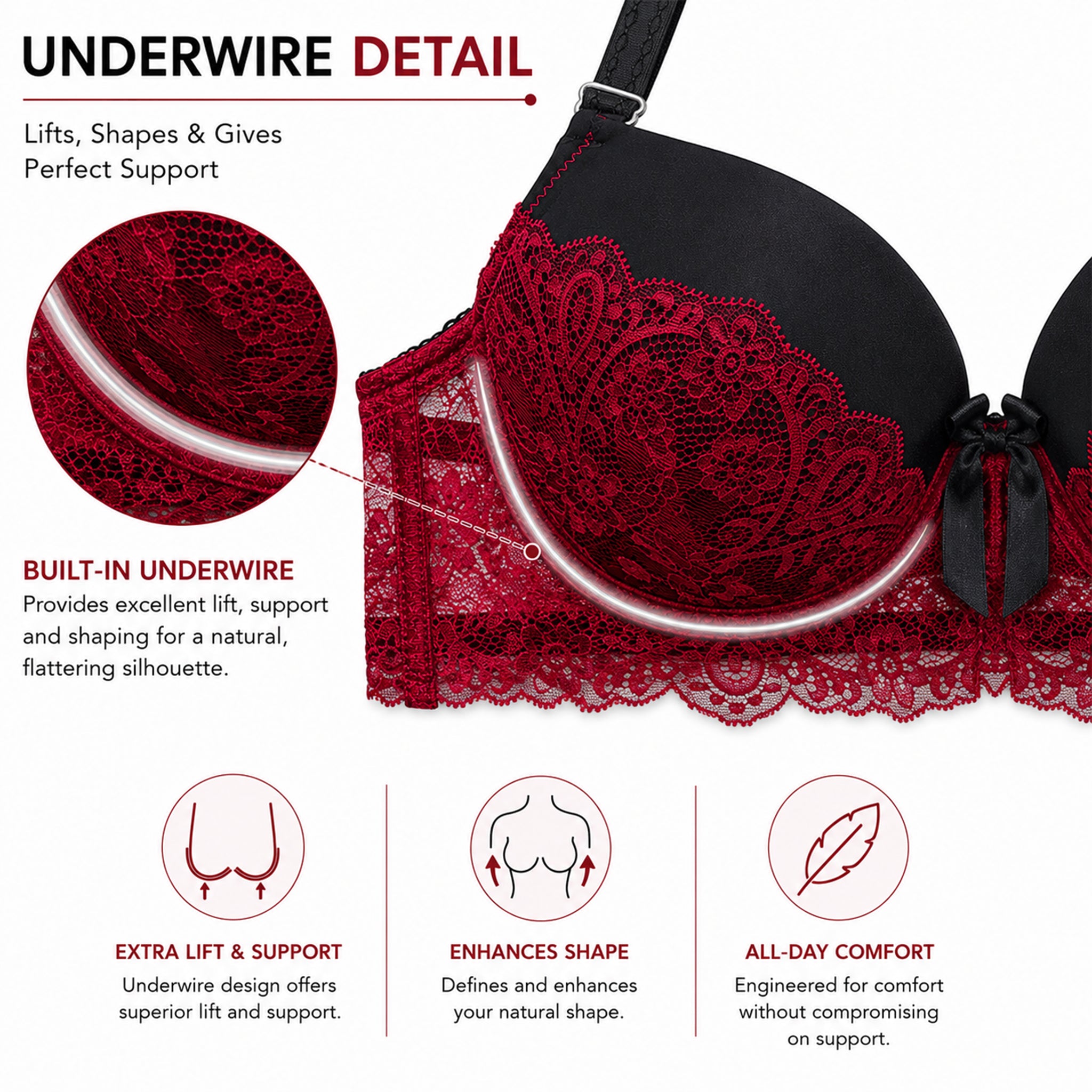 Women’s Lace Underwired Padded Bra & High-Cut Panty Lingerie Set – Red & Black