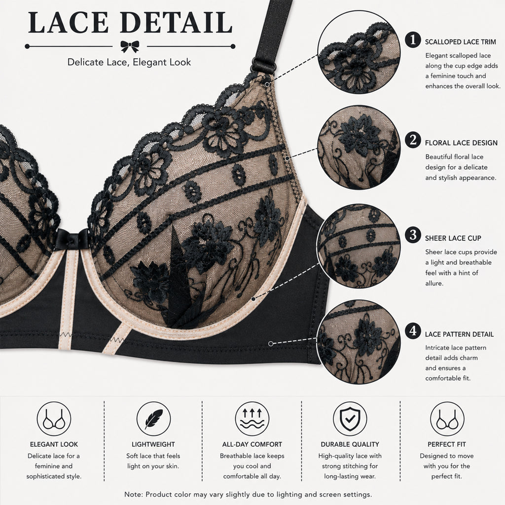 Women's Black Sheer Embroidered Lace Underwired Bra with Comfortable Full Coverage