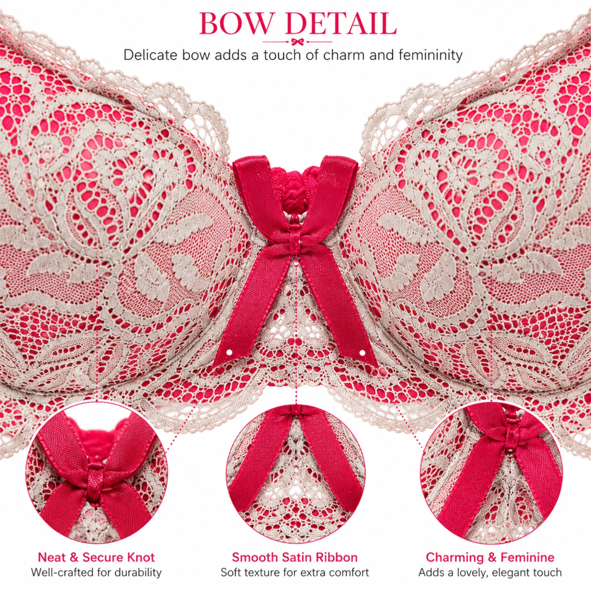 Women's White & Red Floral Lace Heavy Padded Underwired Bra with Comfortable Full Coverage