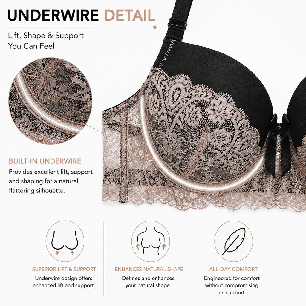 Women’s Lace Underwired Padded Bra & High-Cut Panty Lingerie Set – White & Black
