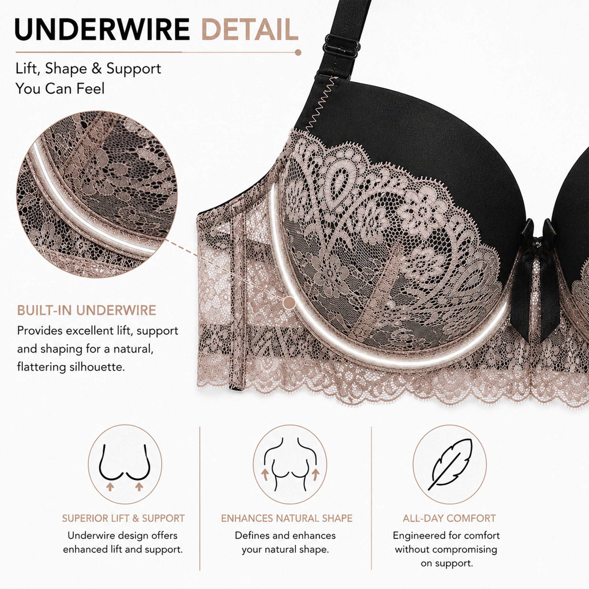 Women’s Lace Underwired Padded Bra & High-Cut Panty Lingerie Set – White & Black