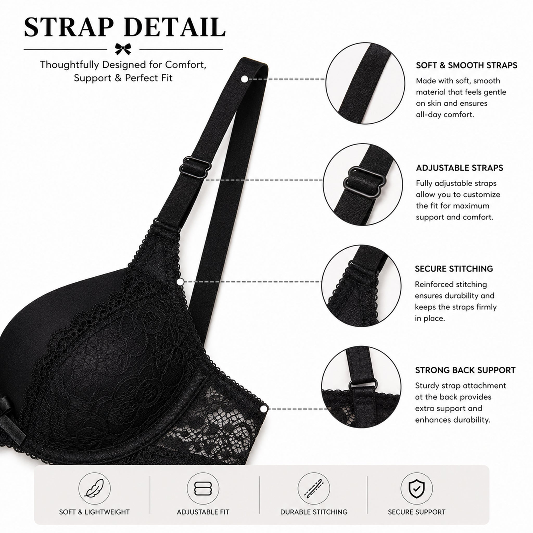 Women's Black Floral Lace Padded Underwired Bra with Comfortable Full Coverage