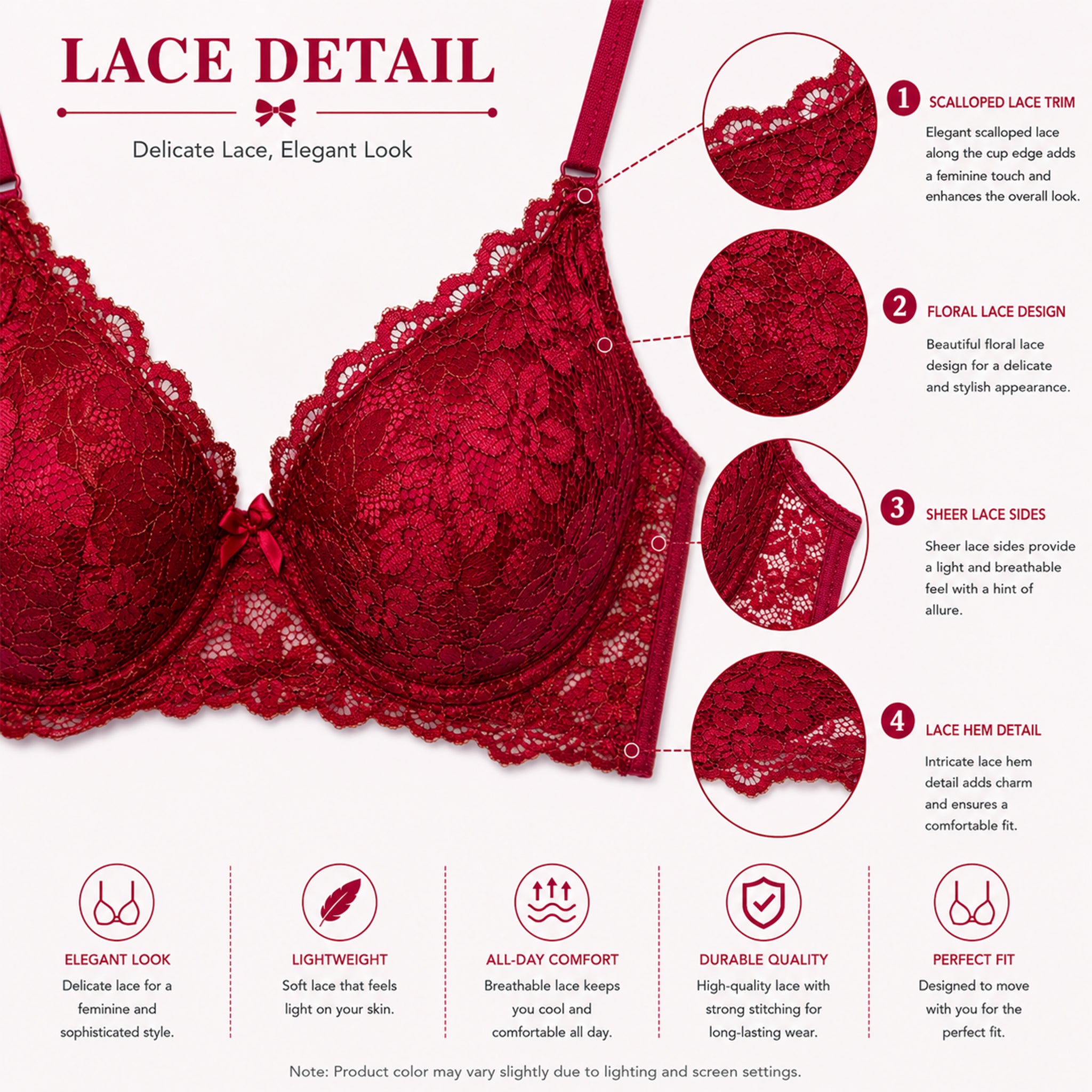Women's Red Flower Lace Padded Underwired Bra with Comfortable Full Coverage