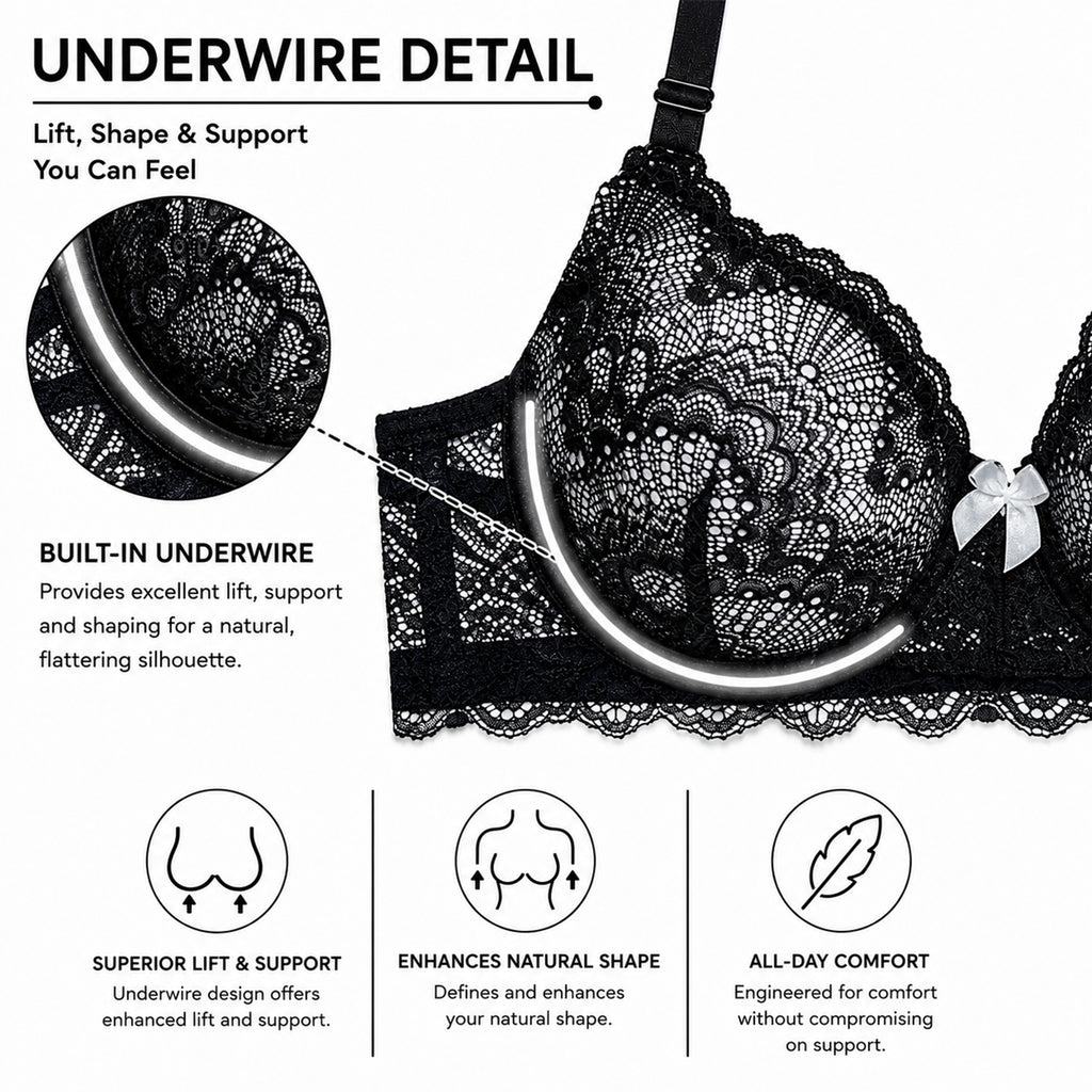 Women’s Self Design Lace Underwired Bra & Bikini Panty Lingerie Set –  Black & White