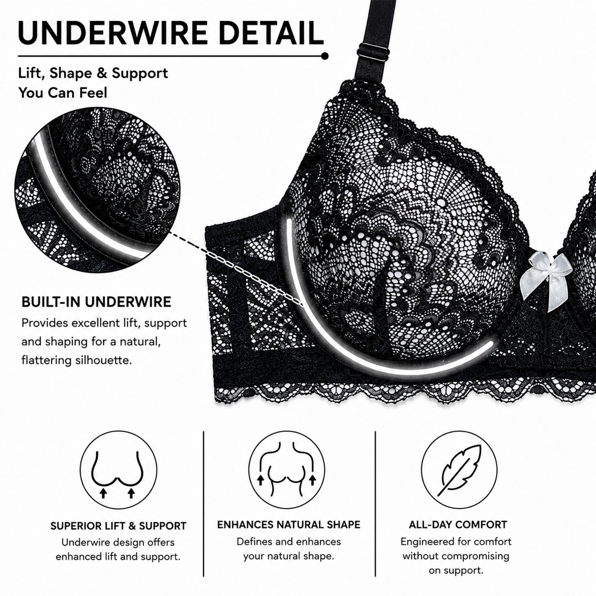 Women’s Self Design Lace Underwired Bra & Bikini Panty Lingerie Set –  Black & White