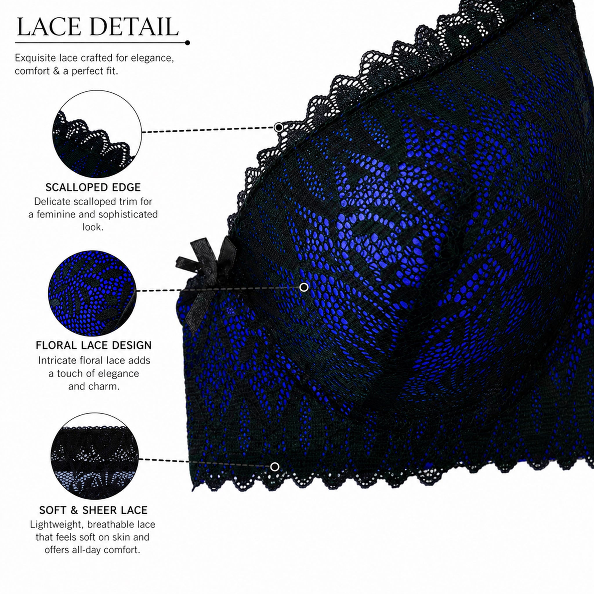 Women's Blue & Black Lace Padded Underwired Bra with Comfortable Full Coverage