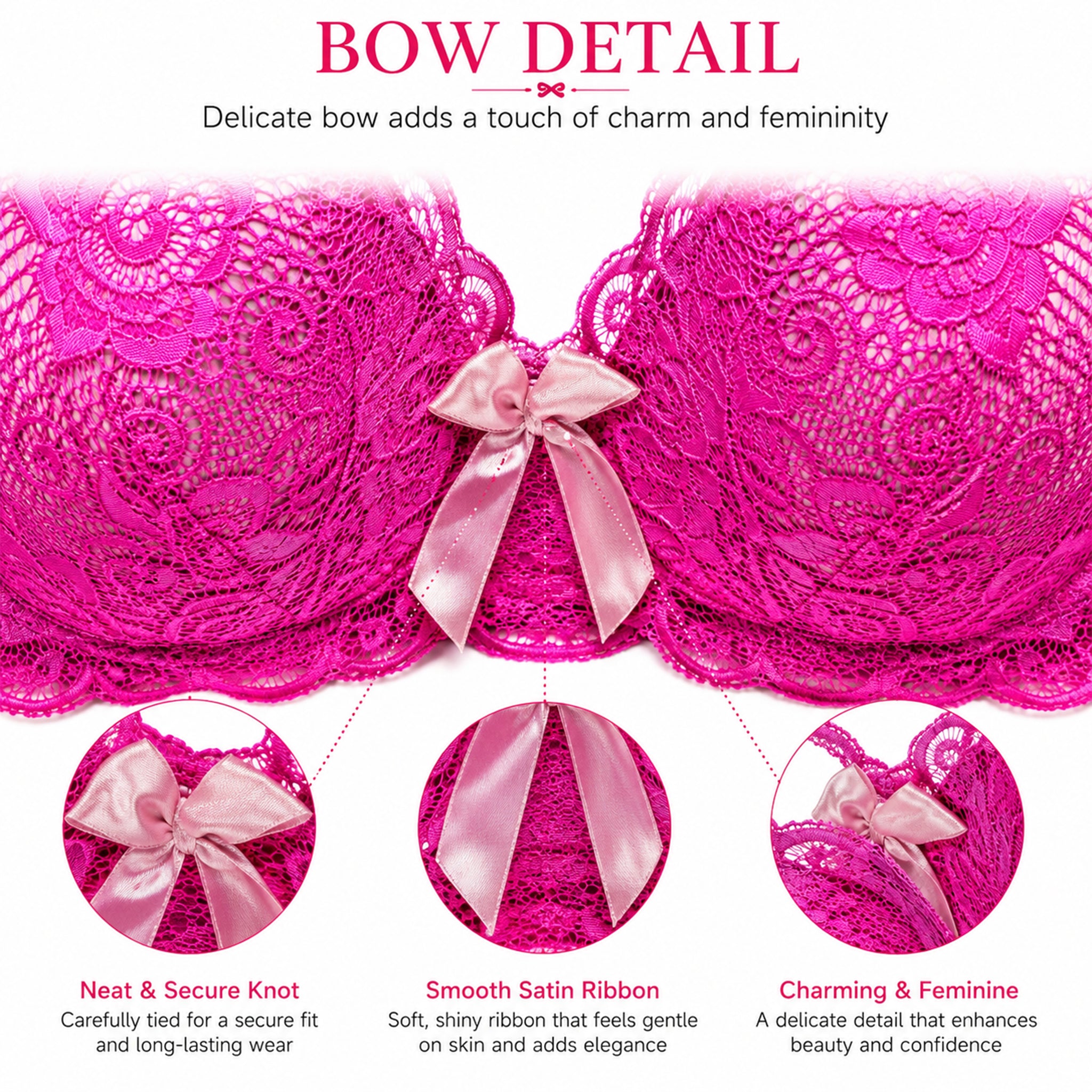 Women's Floral Lace Heavy Padded Underwired Bra & Thong Lingerie Set - Dark Pink