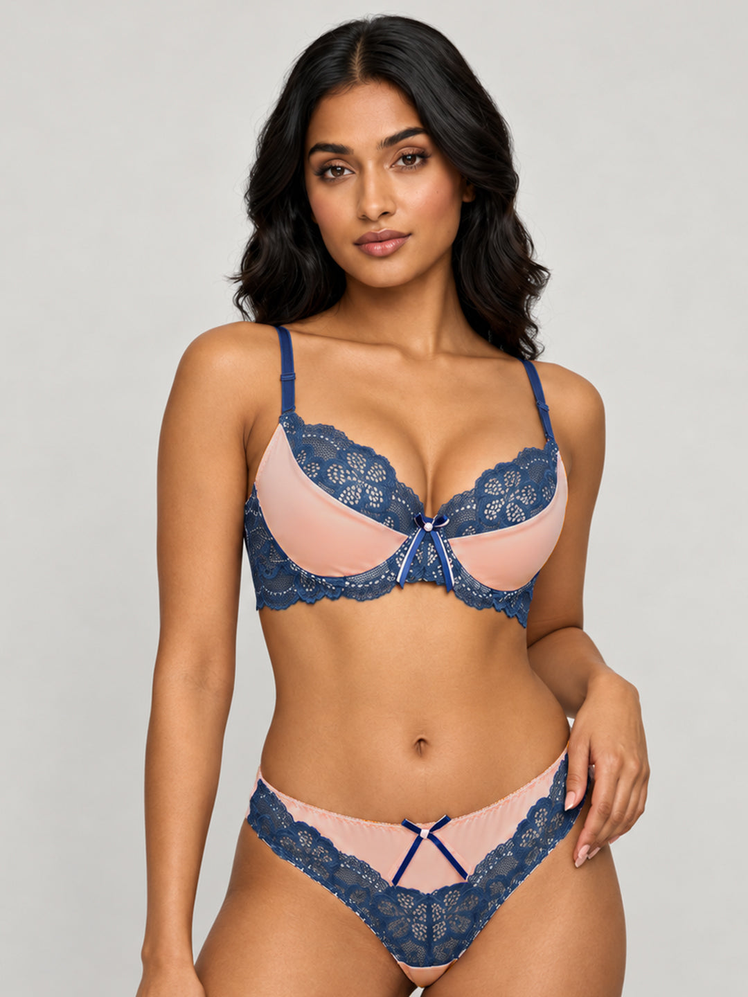 Women's Pink & Navy Blue Lace Underwired Heavily Padded Bra & Panty Set