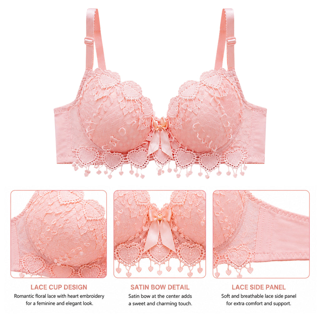 Women's Pink Floral Lace Lightly Padded Underwired Bra with Comfortable Full Coverage