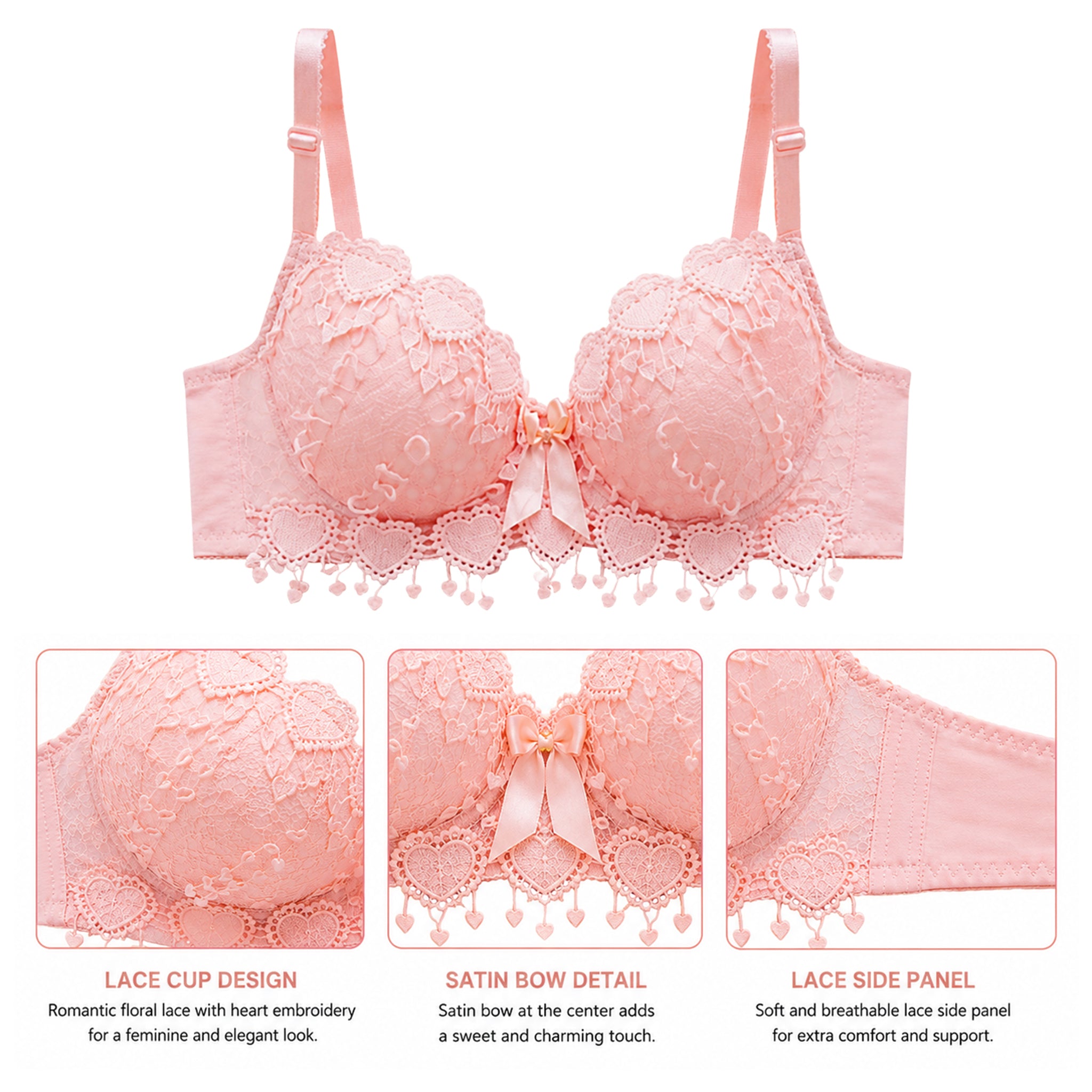 Women's Pink Floral Lace Lightly Padded Underwired Bra with Comfortable Full Coverage