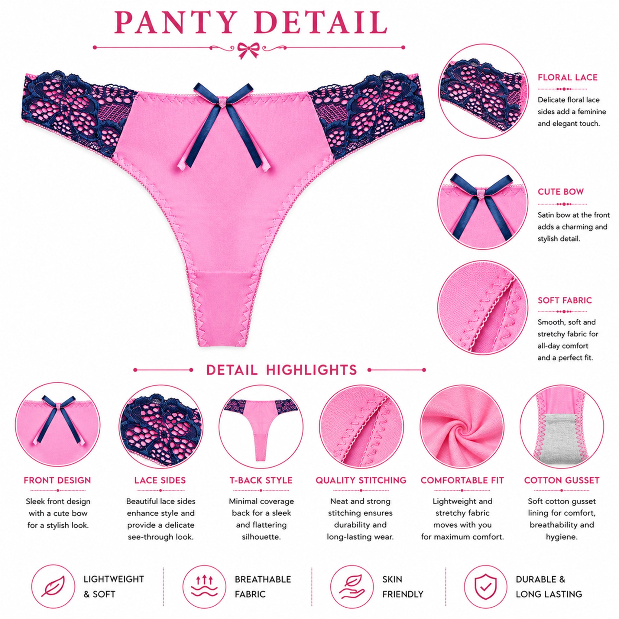 Women's Floral Lace Thong Panty – Soft Stretch, Breathable & Comfortable Everyday Wear - Pink Light Blue