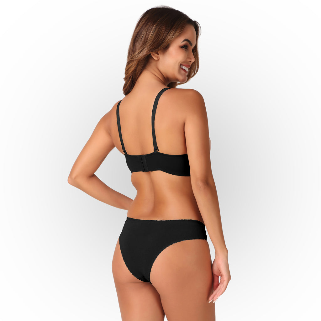 Women’s Full Coverage Heavily Padded Lace Bra & Panty Lingerie Set – Rose Black