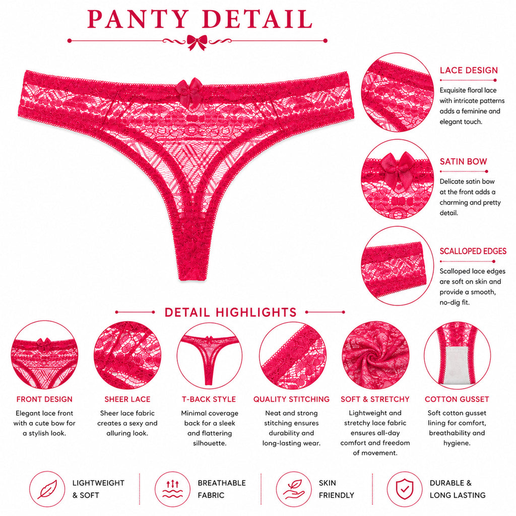 Women's Floral Lace Thong Panty – Soft Stretch, Breathable & Comfortable Everyday Wear