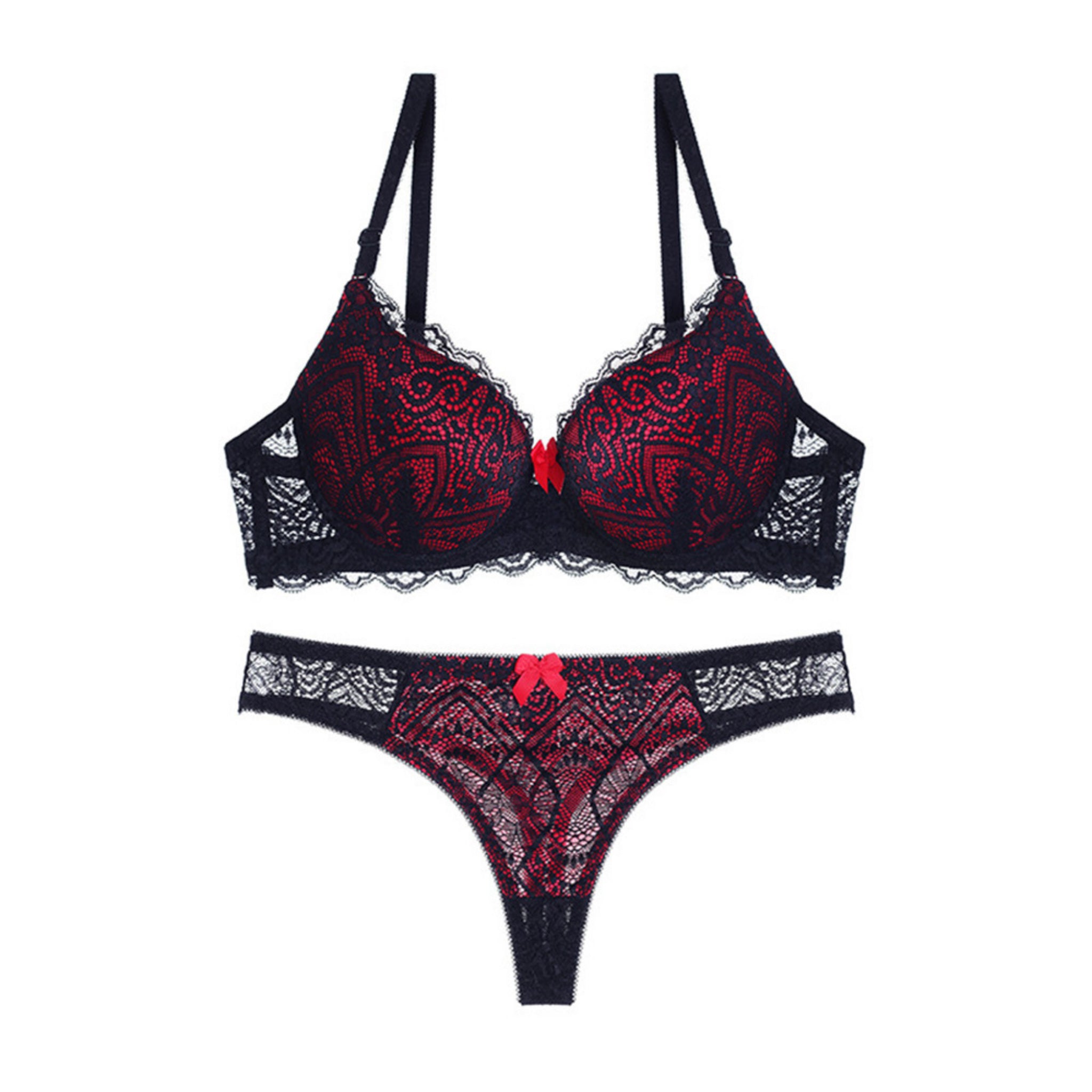Women’s Self Design Lace Underwired Bra & Bikini Panty Lingerie Set –  Black & Red